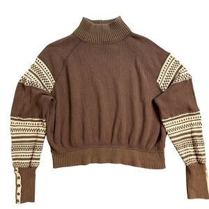 We The Free Free People Get Cozy Fair Isle Sweater Balloon Sleeve Brown Size S
